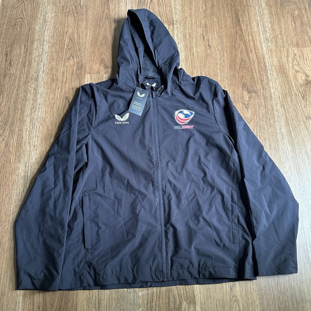 USA RUGBY Jacket Castore Mens 2XL Hooded Full Zip Waterproof Caviar Rrp £109